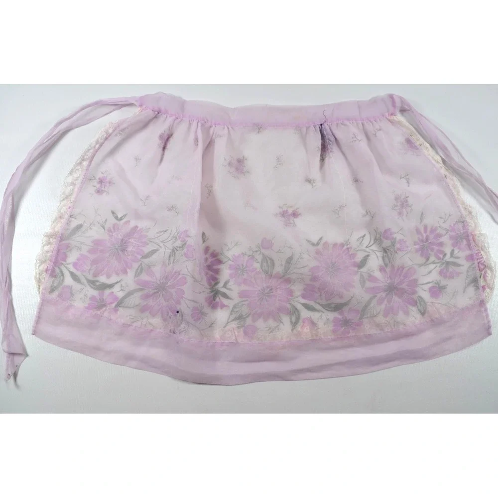 Vintage MCM 60s Half‎ Apron Sheer Purple Floral Pockets Waist Band 17
